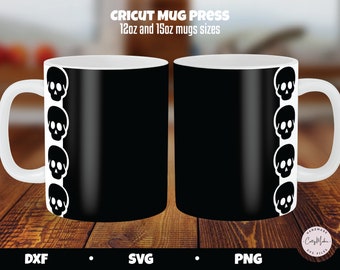 スカルボーダーマグラップSVG、ハロウィンマグプレス用テンプレート（デジタルダウンロード）