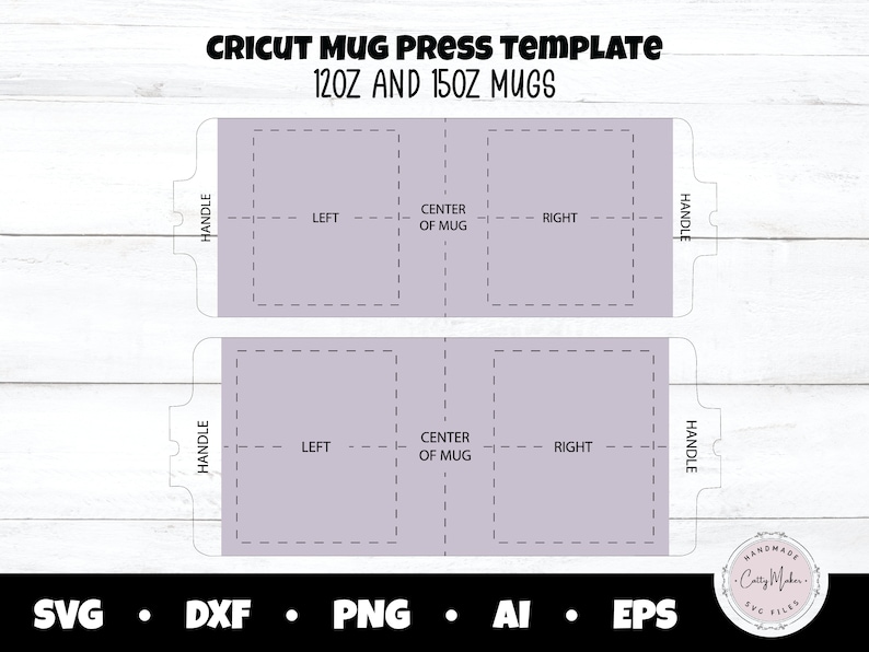 Puede incluir: Una plantilla Cricut para prensar tazas de 12oz y 15oz. El dise&ntilde;o incluye l&iacute;neas discontinuas que indican las &aacute;reas izquierda, central y derecha para los dise&ntilde;os de tazas, con gu&iacute;as de colocaci&oacute;n de asas. Los formatos de archivo incluyen SVG, DXF, PNG, AI y EPS.
