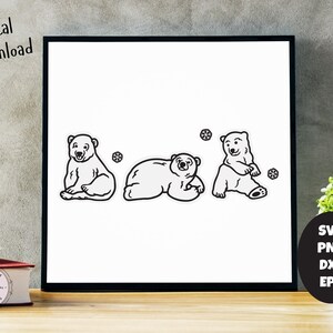 May include: Black and white line art illustration of three polar bears. The bears are in different poses, with one sitting, one standing, and one lying down. There are small snowflake designs around the bears.
