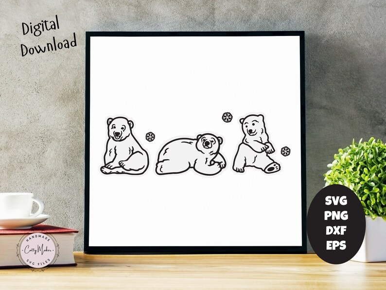 May include: Black and white line art illustration of three polar bears. The bears are in different poses, with one sitting, one standing, and one lying down. There are small snowflake designs around the bears.