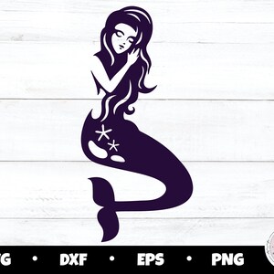 Könnte beinhalten: Eine schwarze Silhouette einer Meerjungfrau mit langen, fließenden Haaren, einem Schwanz mit einem Sternmuster und einem geschlossenen Auge. Die Meerjungfrau blickt nach rechts.