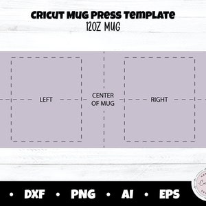 Puede incluir: Una plantilla Cricut para prensa de tazas de 340 ml. El dise&ntilde;o es un rect&aacute;ngulo lila claro con l&iacute;neas discontinuas que indican las secciones izquierda, central y derecha. La palabra "HANDLE" est&aacute; a cada lado. Formatos: SVG, DXF, PNG, AI y EPS.