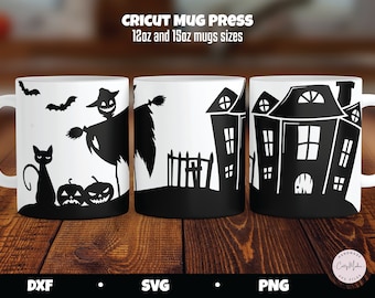 Cricut Mug Press SVG, Involucro tazza di Halloween in formato SVG, Involucro della casa stregata, Halloween in formato SVG, Design stampa tazza, Modello stampa tazza di Halloween