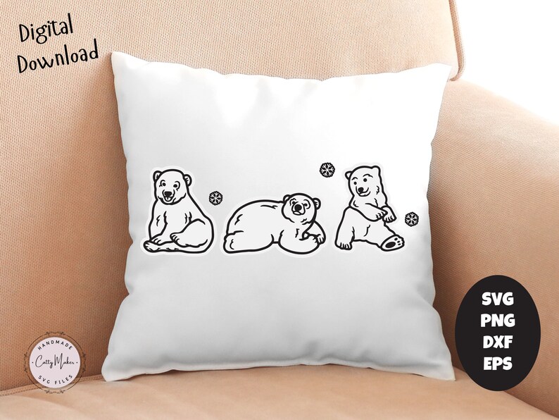 May include: A white pillow with three black and white polar bear illustrations. The bears are facing forward and have a snowflake design behind them.