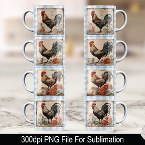 Puede incluir: Seis tazas de cerámica blanca apiladas en pares. Cada taza presenta un patrón de cuadros azules y blancos y una imagen de estilo vintage de un gallo con plumas rojas, marrones y amarillas. Las tazas están sobre una superficie de mármol blanco.