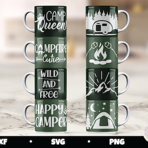 May include: Four green mugs stacked on top of each other. The mugs have white text and designs. The top mug says "Camp Queen". The second mug says "Campfire Cutie". The third mug says "Wild and Free". The bottom mug says "Happy Camper".
