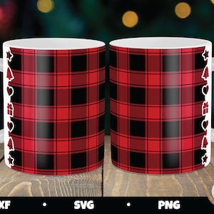 May include: Two white mugs with a red and black plaid pattern. The mugs have a white border with Christmas-themed icons, including stars, trees, hearts, and presents.