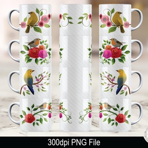 Op de afbeelding: Witte keramische mokken met vogel- en bloemmotieven. Elke mok heeft een andere vogel die op een tak zit met roze en rode rozen. De mokken zijn gestapeld en tonen de verscheidenheid aan ontwerpen. De tekst "300dpi PNG File" staat onderaan.