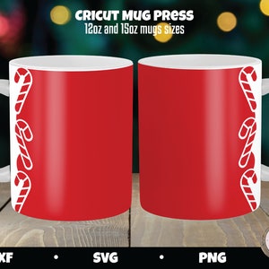 May include: Two red mugs with white candy cane designs on the side. The mugs are 12oz and 15oz sizes. Cricut Mug Press.