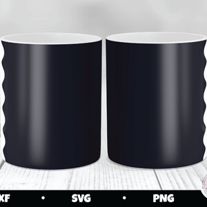 May include: Two white ceramic mugs with black interiors and a wavy white design around the top edge. The mugs are sitting on a white wooden surface.