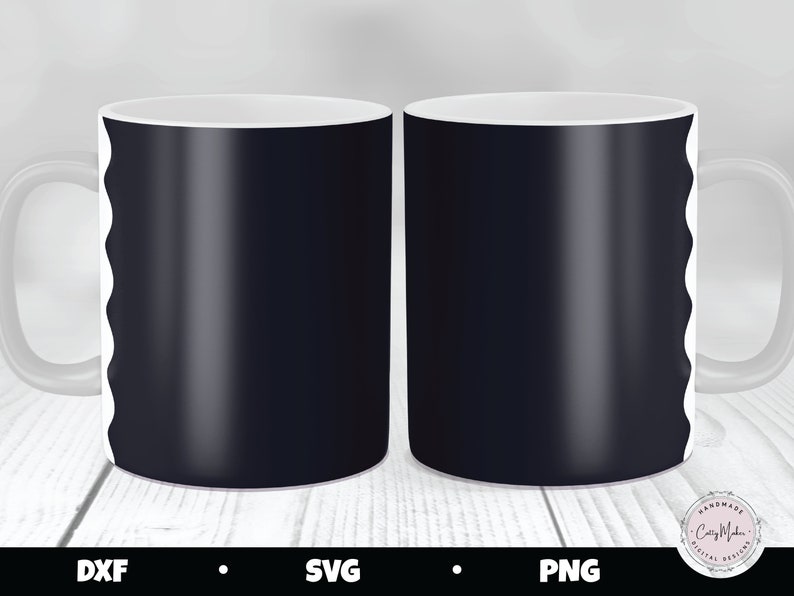 May include: Two white ceramic mugs with black interiors and a wavy white design around the top edge. The mugs are sitting on a white wooden surface.