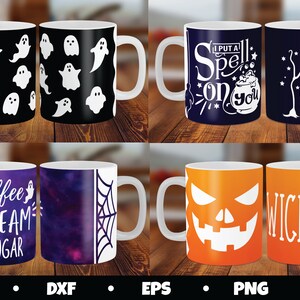May include: Four different Halloween-themed coffee mugs. The first mug is black with white ghosts and the word "BOO". The second mug is blue with white stars and the text "I put a spell on you". The third mug is purple with a white spiderweb and the text "Coffee's Scream and Sugar". The fourth mug is orange with a white pumpkin face and the word "Wicked".