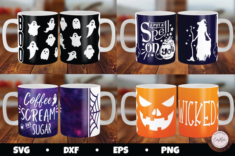 May include: Four different Halloween-themed coffee mugs. The first mug is black with white ghosts and the word "BOO". The second mug is blue with white stars and the text "I put a spell on you". The third mug is purple with a white spiderweb and the text "Coffee's Scream and Sugar". The fourth mug is orange with a white pumpkin face and the word "Wicked".