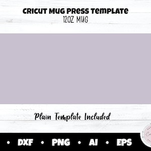 Puede incluir: Una plantilla de prensa de tazas Cricut para una taza de 340 ml. El dise&ntilde;o presenta una forma rectangular con un centro lila claro y bordes blancos. El texto "CRICUT MUG PRESS TEMPLATE" y "12OZ MUG" est&aacute;n en la parte superior. Tambi&eacute;n se ve el texto "Plain Template Included".