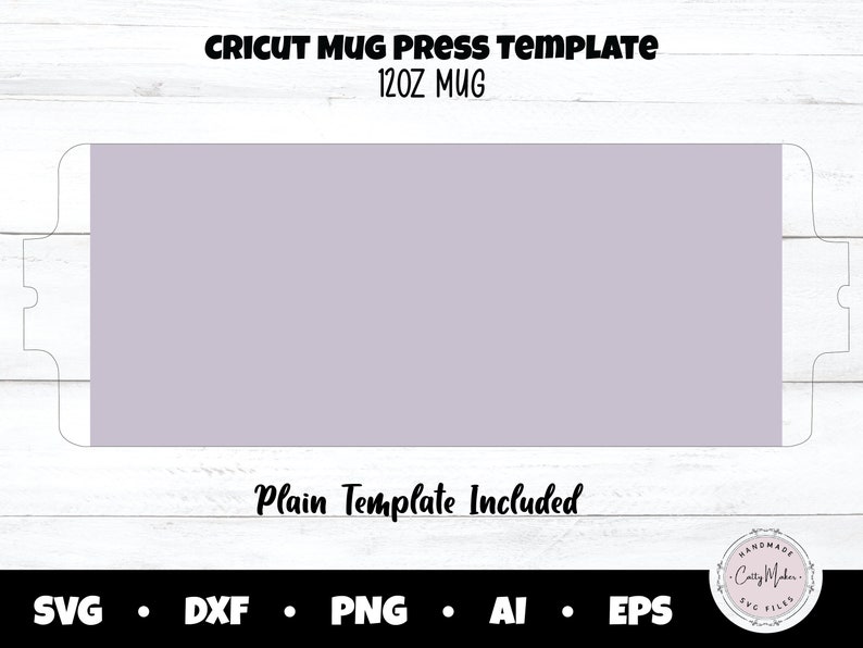 Puede incluir: Una plantilla de prensa de tazas Cricut para una taza de 340 ml. El dise&ntilde;o presenta una forma rectangular con un centro lila claro y bordes blancos. El texto "CRICUT MUG PRESS TEMPLATE" y "12OZ MUG" est&aacute;n en la parte superior. Tambi&eacute;n se ve el texto "Plain Template Included".