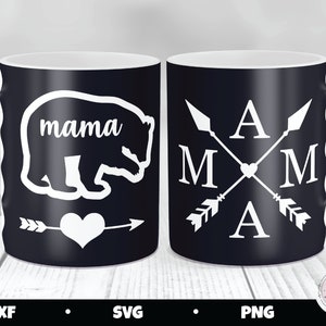 May include: Two black coffee mugs with white designs. One mug features a bear silhouette with the word "mama" inside. The other mug has a design of arrows forming a cross with the letters "A M M A" in the center.