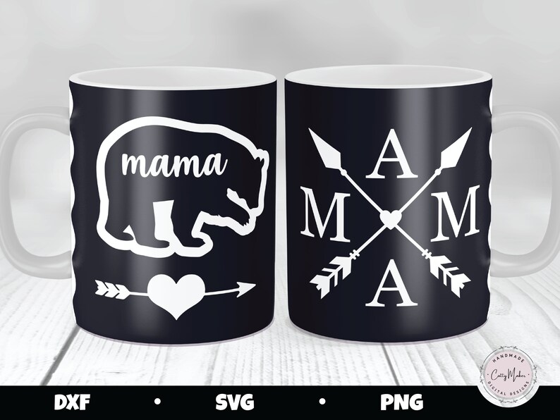 May include: Two black coffee mugs with white designs. One mug features a bear silhouette with the word "mama" inside. The other mug has a design of arrows forming a cross with the letters "A M M A" in the center.