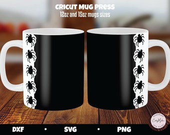 クモの模様のボーダー付きマグカップSVG、ハロウィンマグプレス用テンプレート（デジタルダウンロード）