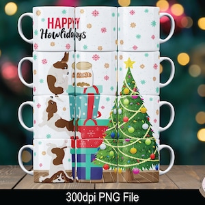 Puede incluir: Un juego de seis tazas de cerámica blanca con temática navideña. Cada taza presenta un diseño diferente, incluyendo un perro, un árbol de Navidad y regalos. Las tazas están apiladas una encima de la otra y tienen un fondo blanco con diseños coloridos.