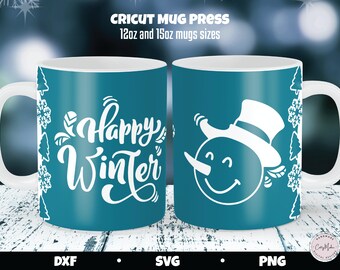 Snowman Mug Press SVG, Happy Winter Design (Digital Download)