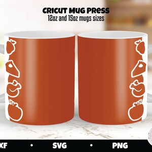 May include: Two 12oz and 15oz orange mugs with a white design of a pie, turkey, and pumpkin on the left mug. The text "Cricut Mug Press" is at the top of the image.