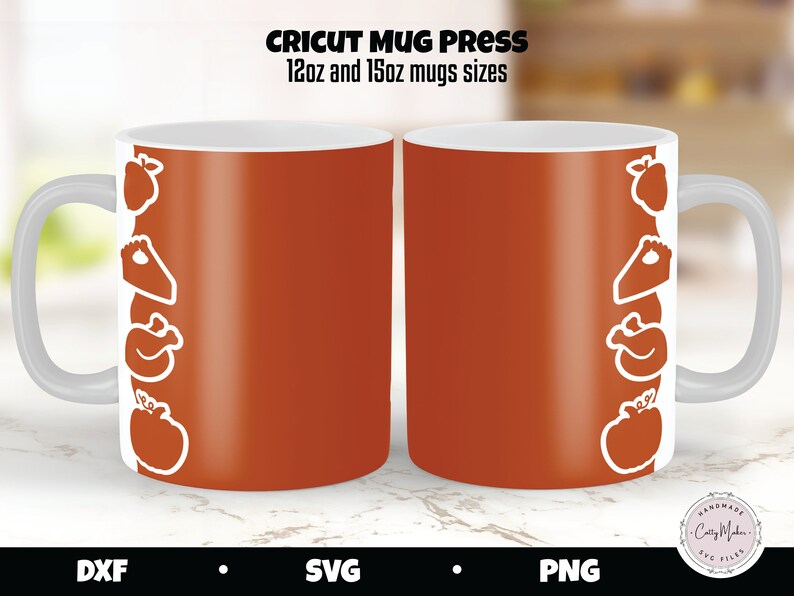 May include: Two 12oz and 15oz orange mugs with a white design of a pie, turkey, and pumpkin on the left mug. The text "Cricut Mug Press" is at the top of the image.