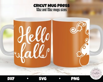Hello Fall Mug SVG, Pumpkin Vine, 12oz 15oz Mug Template (Digital Download)
