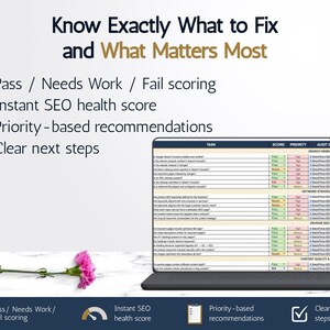 K&ouml;nnte beinhalten: Ein Laptop zeigt einen detaillierten SEO-Audit-Bericht mit farbcodierten Bewertungen und Empfehlungen. Der Bildschirm zeigt eine Tabelle mit verschiedenen SEO-Aufgaben, Bewertungen und Priorit&auml;ten. Der Text "Know Exactly What to Fix and What Matters Most" ist enthalten.