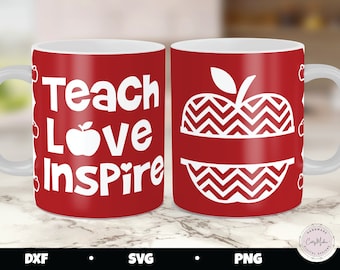 Plantilla SVG para taza con monograma de profesor, Enseña, Ama, Inspira, PNG para sublimación (Descarga digital)