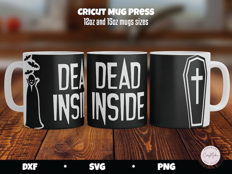 May include: Three black mugs with white text and designs. The mugs are 12oz and 15oz sizes. The text on the mugs reads "Dead Inside". One mug has a vampire design, another has the text "Dead Inside", and the third has a coffin design.