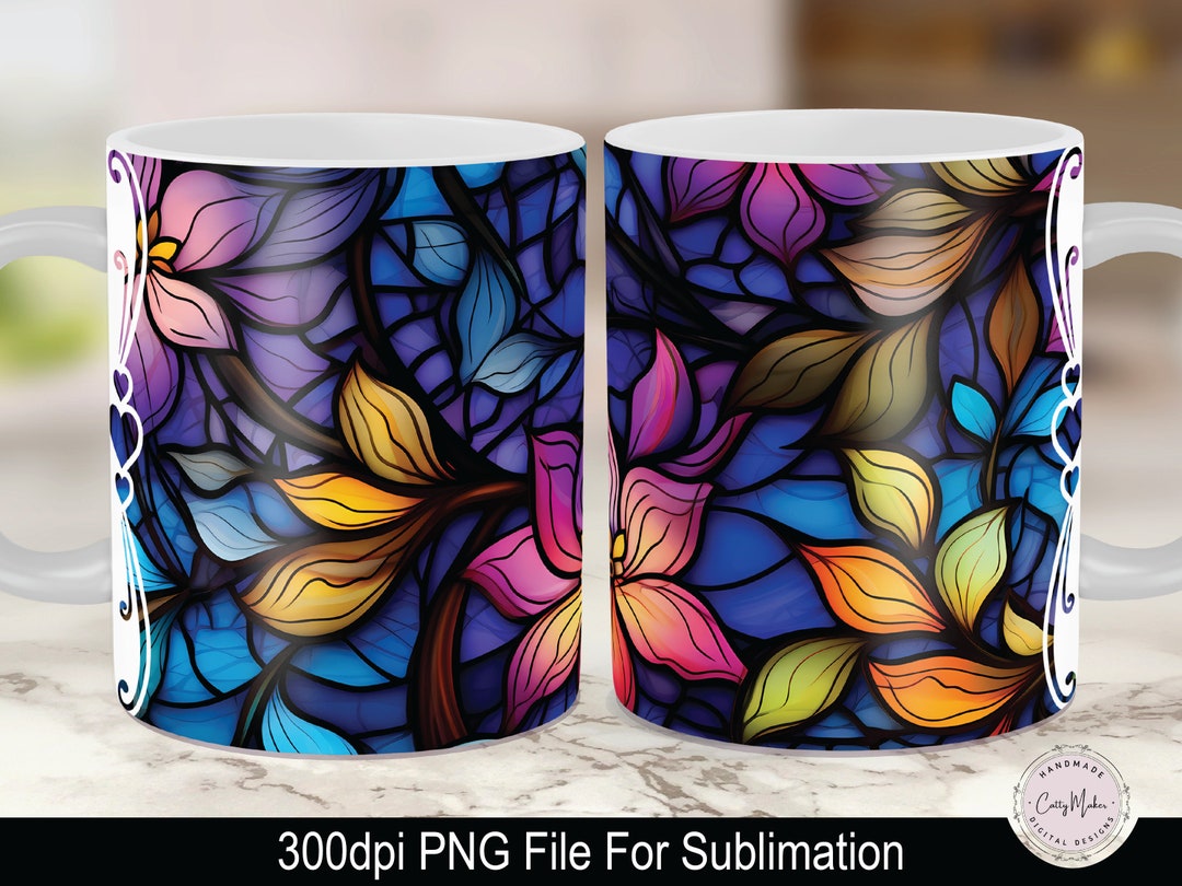 Stain Glass Mug Design, Flower Mug Wrap Png, Coffee Mug Sublimation