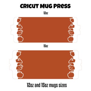 May include: Two brown rectangles with white outlines, showing the size of 12oz and 15oz mugs for a Cricut Mug Press. The rectangles have a white design of a pie, a chicken, and a tomato on each side.