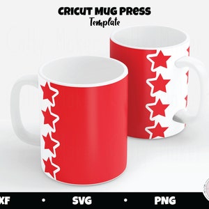 May include: Two white mugs with red star designs on one side. The mugs are for use with a Cricut Mug Press. The text "Cricut Mug Press Template" is at the top of the image.