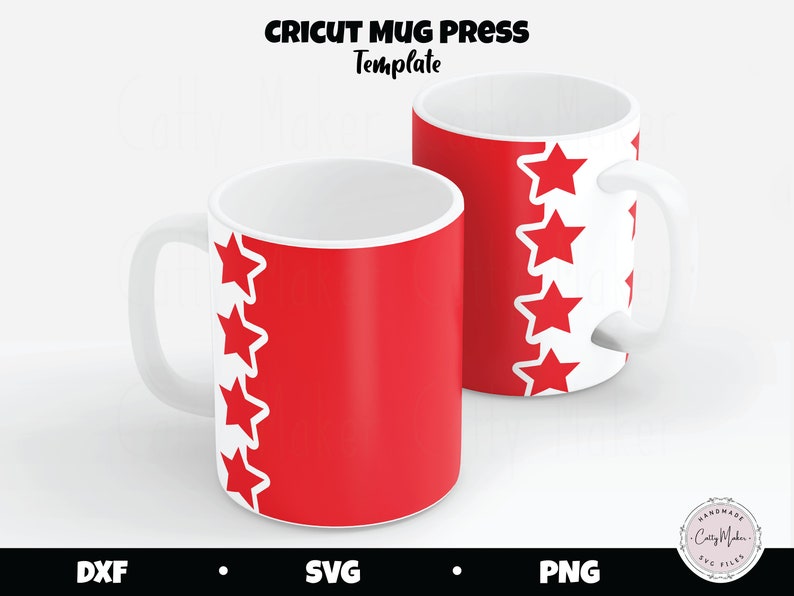 May include: Two white mugs with red star designs on one side. The mugs are for use with a Cricut Mug Press. The text "Cricut Mug Press Template" is at the top of the image.