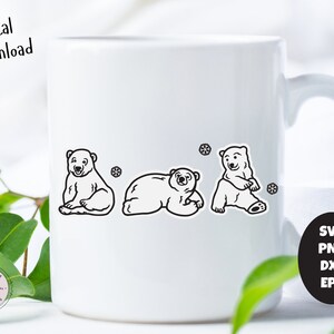 May include: White ceramic mug with a black outline of three polar bears and snowflakes. The mug has a black handle and the text "SVG PNG DXF EPS" is printed on the side.