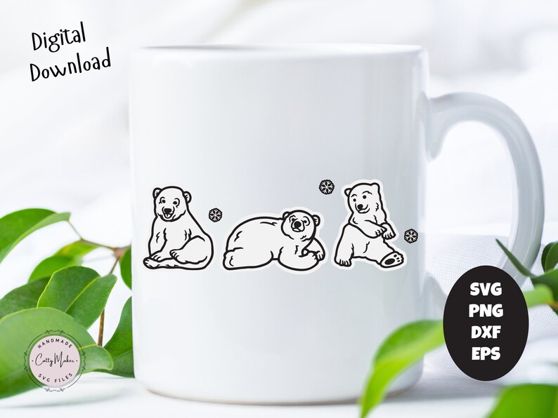 May include: White ceramic mug with a black outline of three polar bears and snowflakes. The mug has a black handle and the text "SVG PNG DXF EPS" is printed on the side.