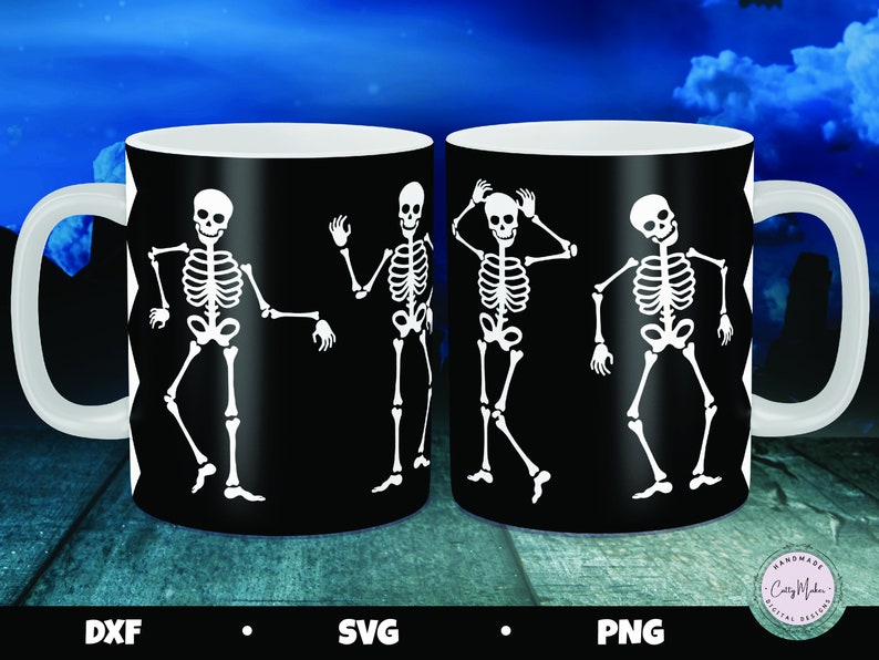 May include: Two white coffee mugs with black handles. Each mug has a black background with a white silhouette of four skeletons dancing. The skeletons are in different poses. The mugs are on a wooden surface.
