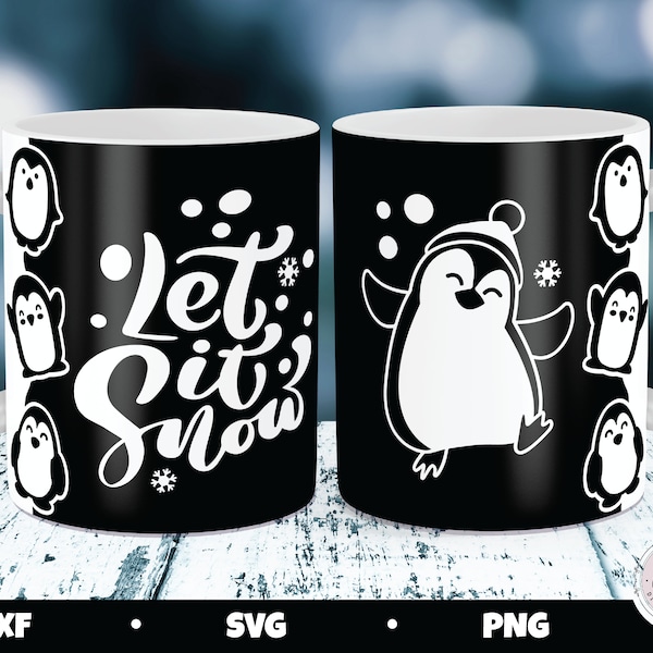 Cricut Mug Press SVG, Winter Mug SVG, Christmas Mug Press, Holiday Mug Press, Penguin svg, cricut mug sublimation png,  Let it snow svg
