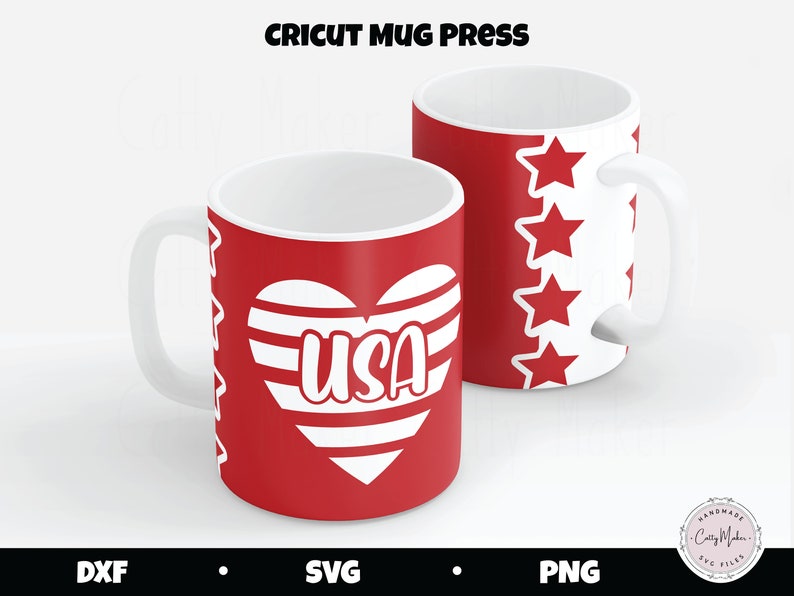 May include: Two red mugs with white handles. One mug features a white heart with red and white stripes and the word "USA" inside. The other mug has a white background with red stars.