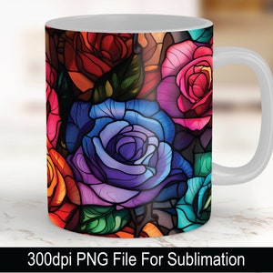 Stain Glass Rose mug design, mug wrap png, colorful mug sublimation designs, sublimation mug designs, coffee mug designs, 15 oz mug template