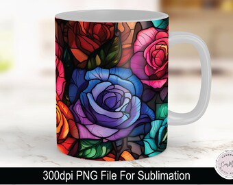 Glasmalerei-Rosen-Becher-Verpackung, buntes Blumen PNG (digitaler Download)