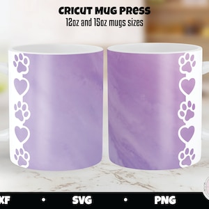 Cricut mok druk op SVG, harten en poten, hond mok grens SVG, digitale download, 12oz en 15oz mok maten, mok pers grens inwikkeling sjabloon