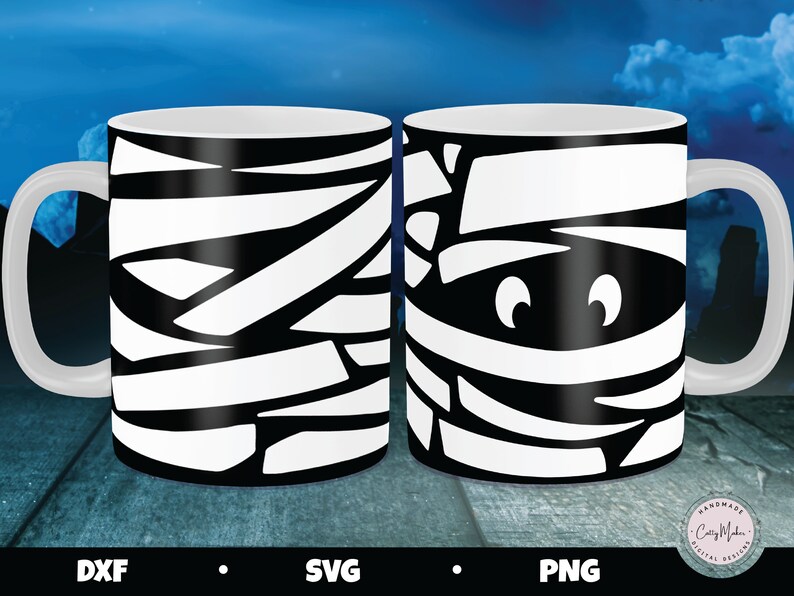 May include: Two white coffee mugs with black mummy designs. One mug has a full mummy design, while the other has a mummy face with eyes.