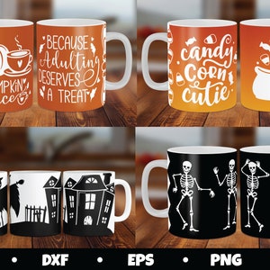 May include: Set of four Halloween-themed coffee mugs. The first mug is orange with white text that says "Pumpkin Spice" and a pumpkin with a coffee cup. The second mug is orange with white text that says "Because Adulting Deserves A Treat". The third mug is orange with white text that says "Candy Corn Cutie" and a cauldron with candy corn. The fourth mug is black with white skeletons dancing.