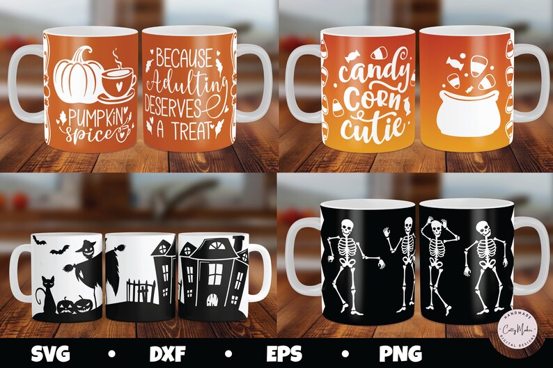 May include: Set of four Halloween-themed coffee mugs. The first mug is orange with white text that says "Pumpkin Spice" and a pumpkin with a coffee cup. The second mug is orange with white text that says "Because Adulting Deserves A Treat". The third mug is orange with white text that says "Candy Corn Cutie" and a cauldron with candy corn. The fourth mug is black with white skeletons dancing.