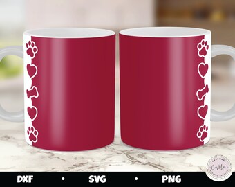 Dog Paw Prints Mug Press SVG, Bone Hearts Border (Digital Download)