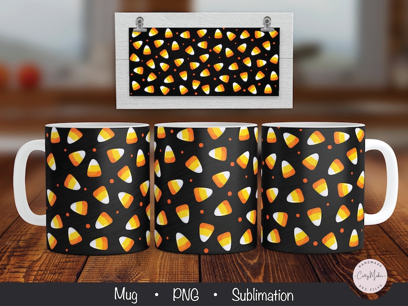 May include: Three white ceramic mugs with a black background and a pattern of orange and yellow candy corn. The mugs are for sublimation.