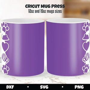 May include: Two purple mugs with white outlines of paw prints, hearts, yarn balls, and cat toys. The mugs are 12oz and 15oz sizes. Cricut Mug Press.