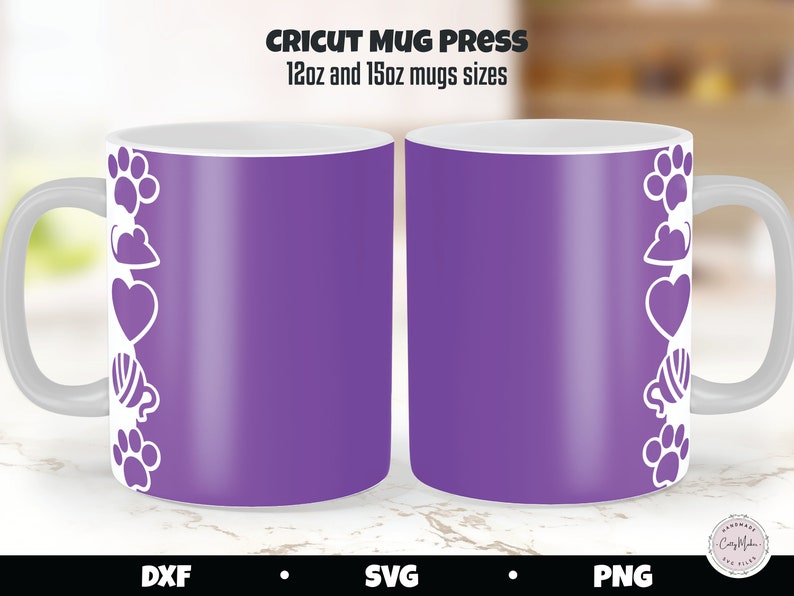 May include: Two purple mugs with white outlines of paw prints, hearts, yarn balls, and cat toys. The mugs are 12oz and 15oz sizes. Cricut Mug Press.