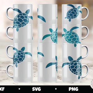 May include: Three white ceramic mugs with a blue sea turtle design. The mugs are stacked on top of each other. The mugs are perfect for a beach-themed party or as a gift for a sea turtle lover.
